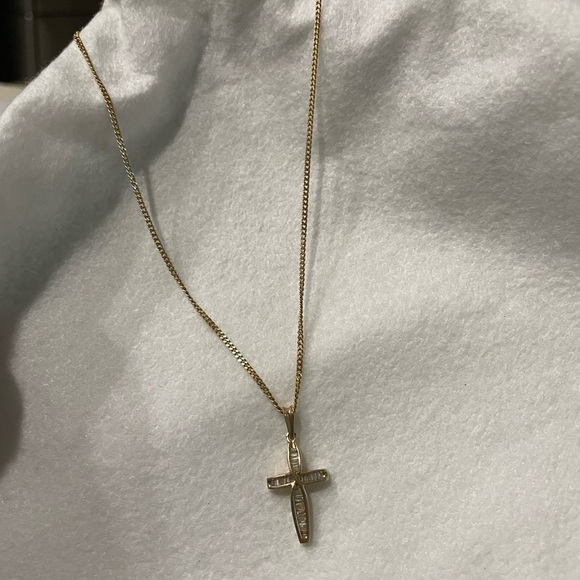 14K Yellow Gold  Baguette Diamond
Cross with Cuban Link Chain 16 “ Necklace - Picture 2 of 6
